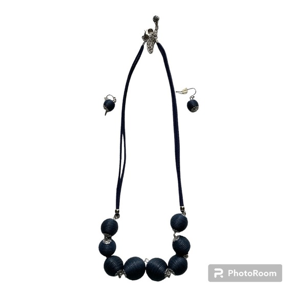 jewelry, necklace, earring, navy blue, coiled beads with suede cord - Picture 6 of 8